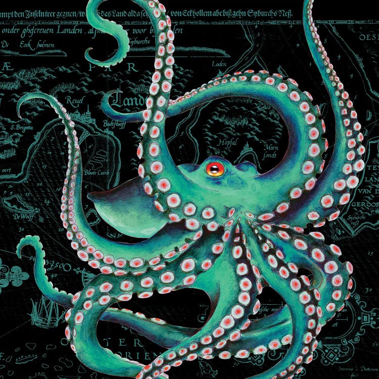 Teal Octopus Dance Vintage Map Black by Seven Sirens Studios wall art