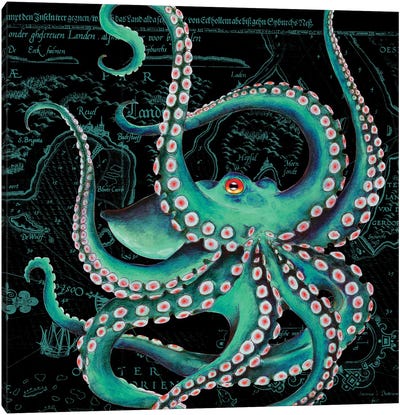 Teal Octopus Dance Vintage Map Black Canvas Art Print - Octopus Art