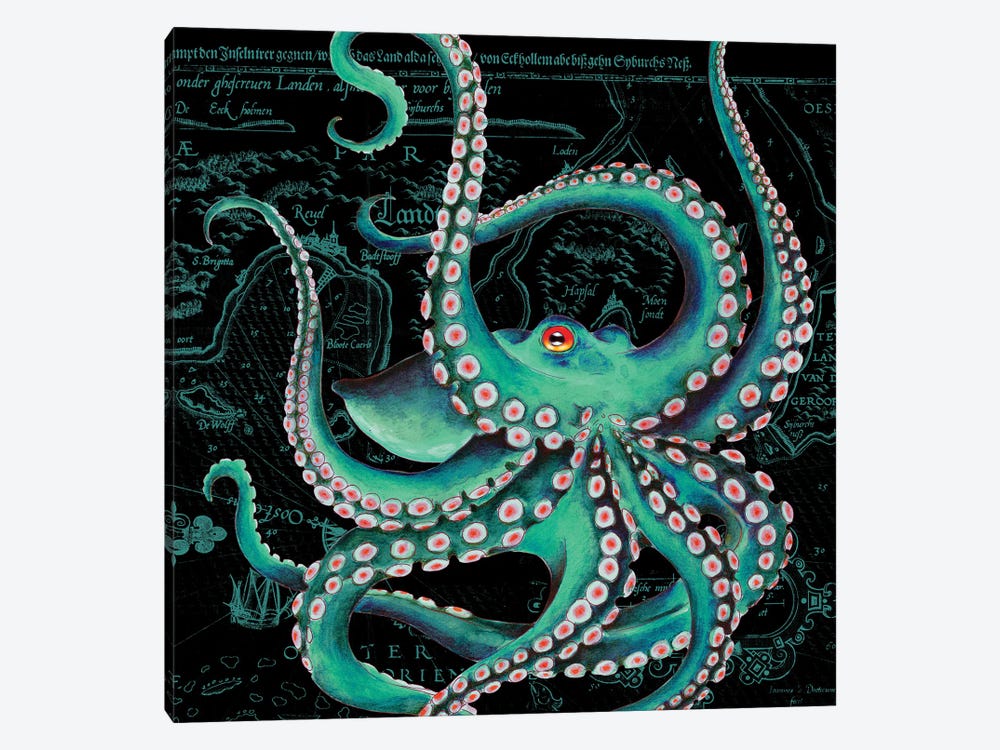 Teal Octopus Dance Vintage Map Black by Seven Sirens Studios 1-piece Art Print