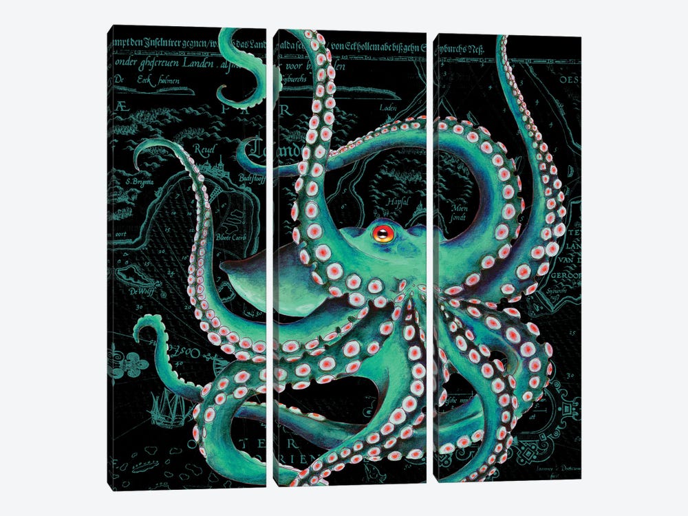 Teal Octopus Dance Vintage Map Black by Seven Sirens Studios 3-piece Canvas Art Print