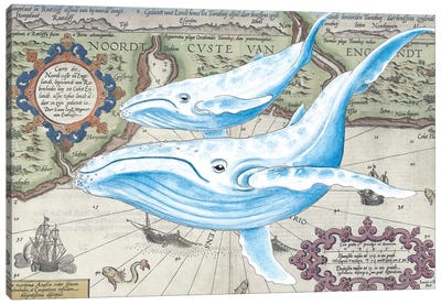 Blue Whales Old Map Canvas Art Print - Cottagecore Goes Coastal