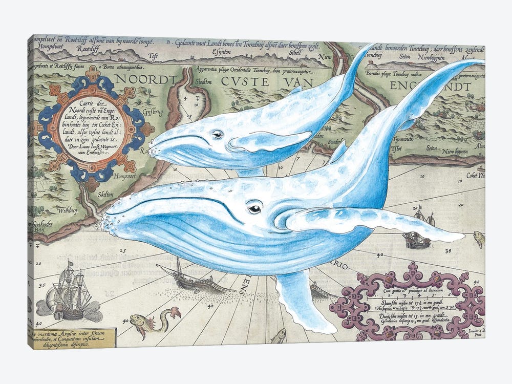 Blue Whales Old Map by Seven Sirens Studios 1-piece Canvas Wall Art