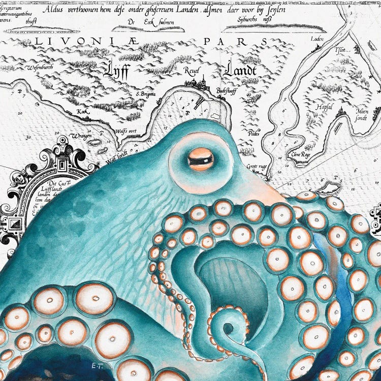 Blue Salmon Pink Octopus Vintage Map