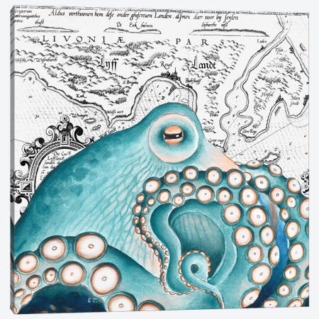 Blue Salmon Pink Octopus Vintage Map Canvas Print #SSI120} by Seven Sirens Studios Art Print