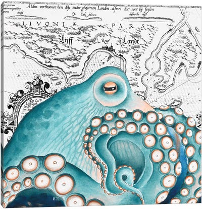 Blue Salmon Pink Octopus Vintage Map Canvas Art Print - Seven Sirens Studios