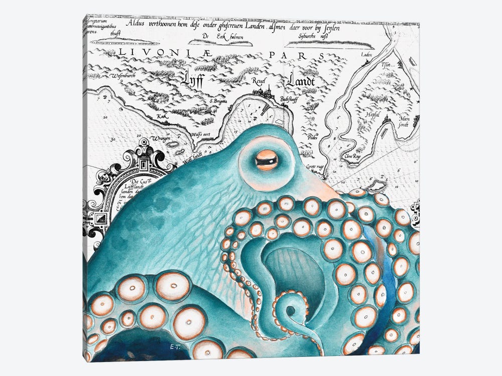 Blue Salmon Pink Octopus Vintage Map 1-piece Art Print