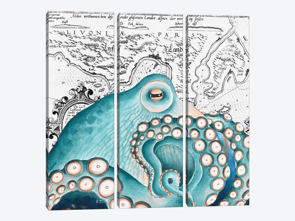 Blue Salmon Pink Octopus Vintage Map 3-piece Canvas Art Print