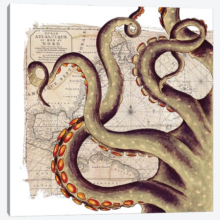 Beige Tentacles Vintage Map Nautical Canvas Print #SSI121} by Seven Sirens Studios Canvas Print