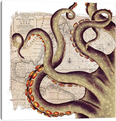 Beige Tentacles Vintage Map Nautical Canvas Art Print - Nautical Maps