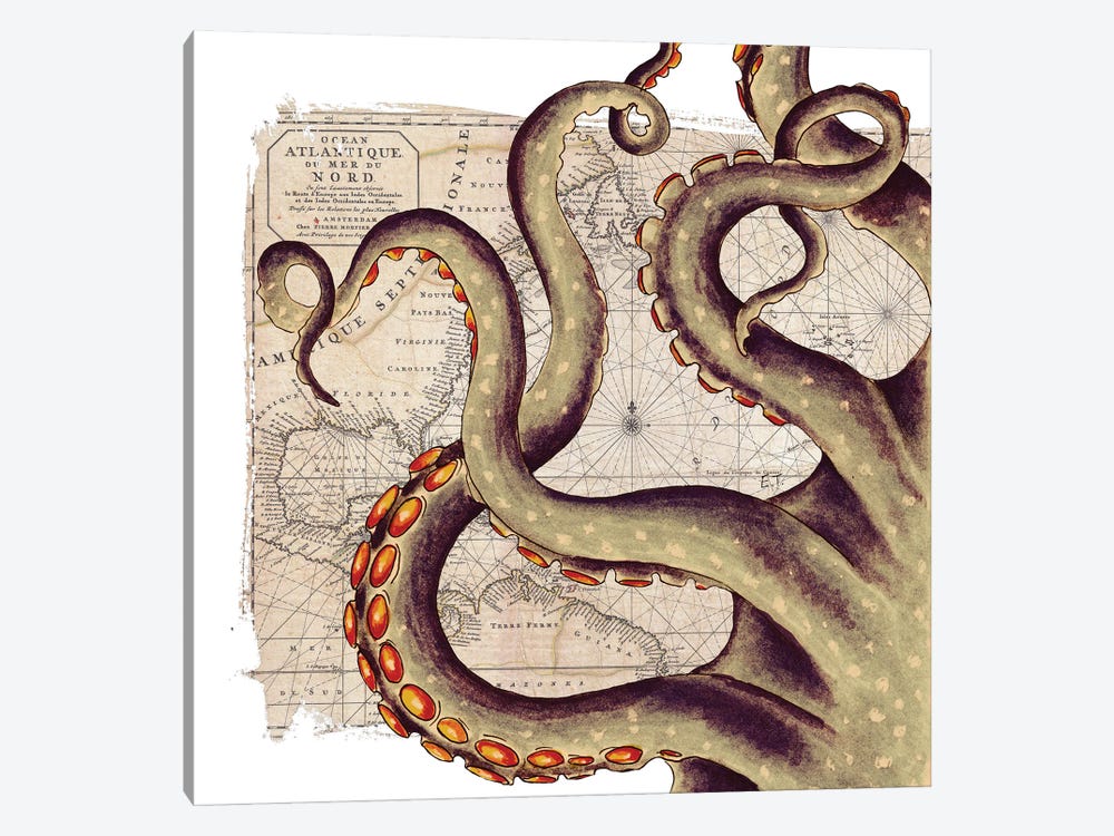 Beige Tentacles Vintage Map Nautical by Seven Sirens Studios 1-piece Canvas Artwork