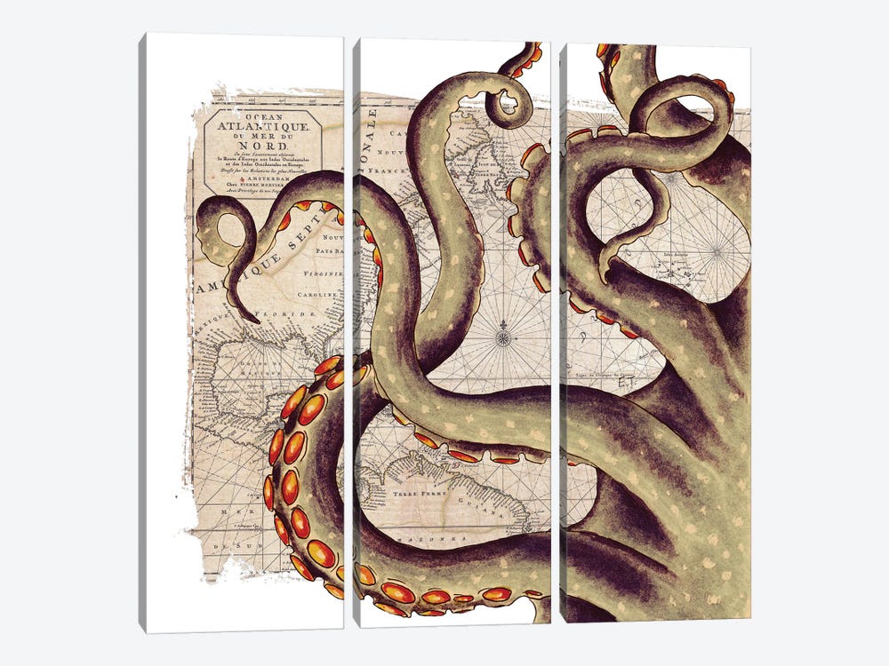 Beige Tentacles Vintage Map Nautical by Seven Sirens Studios 3-piece Canvas Wall Art