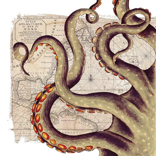 Seven Sirens Studios: Beige Tentacles Vintage Map Nautical by Seven Sirens Studios
