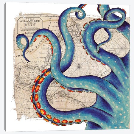 Blue Tentacles Vintage Map Nautical Canvas Print #SSI123} by Seven Sirens Studios Canvas Print
