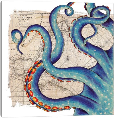 Blue Tentacles Vintage Map Nautical Canvas Art Print - Octopus Art