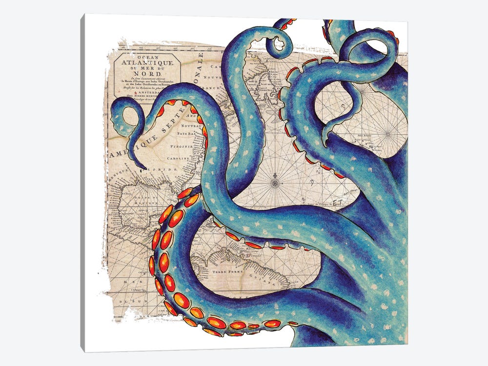 Blue Tentacles Vintage Map Nautical by Seven Sirens Studios 1-piece Canvas Artwork