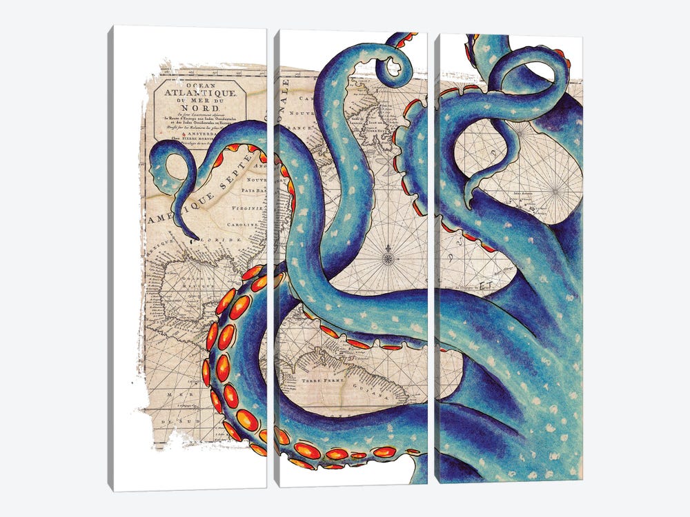 Blue Tentacles Vintage Map Nautical by Seven Sirens Studios 3-piece Canvas Wall Art