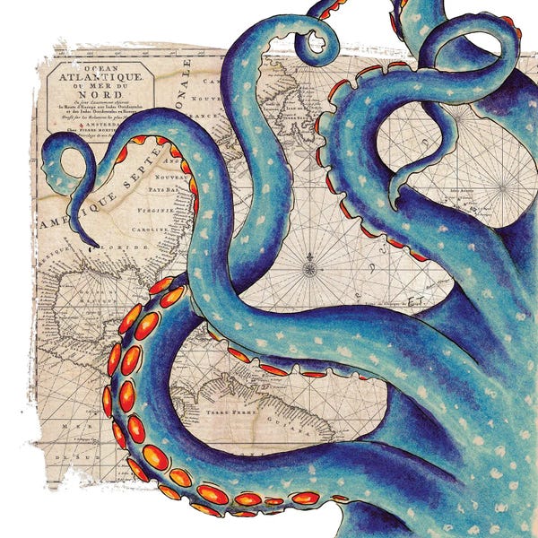 Seven Sirens Studios: Blue Tentacles Vintage Map Nautical by Seven Sirens Studios