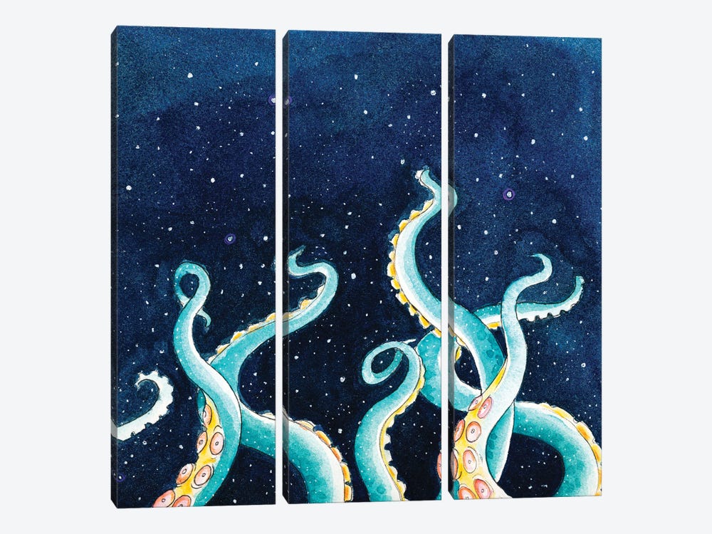 Tentacles Octopus Starry Night Watercolor Art by Seven Sirens Studios 3-piece Canvas Art Print