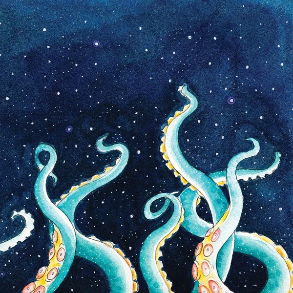 Tentacles Octopus Starry Night Watercolor Art