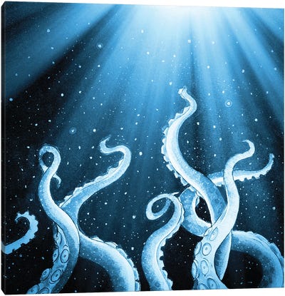 Tentacles Octopus Starry Night Moon Rays Canvas Art Print - Octopus Art
