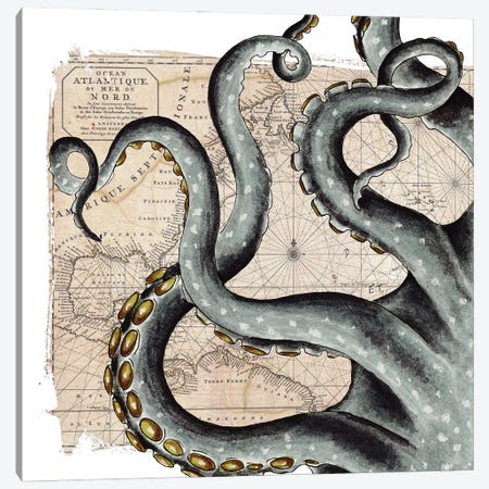 Grey Tentacles Vintage Map Nautical Canvas Print #SSI126} by Seven Sirens Studios Canvas Artwork