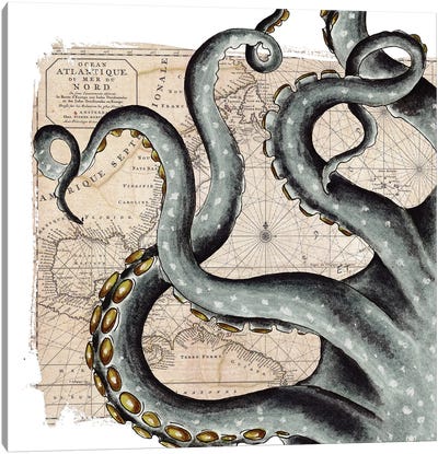 Grey Tentacles Vintage Map Nautical Canvas Art Print - Cottagecore Goes Coastal