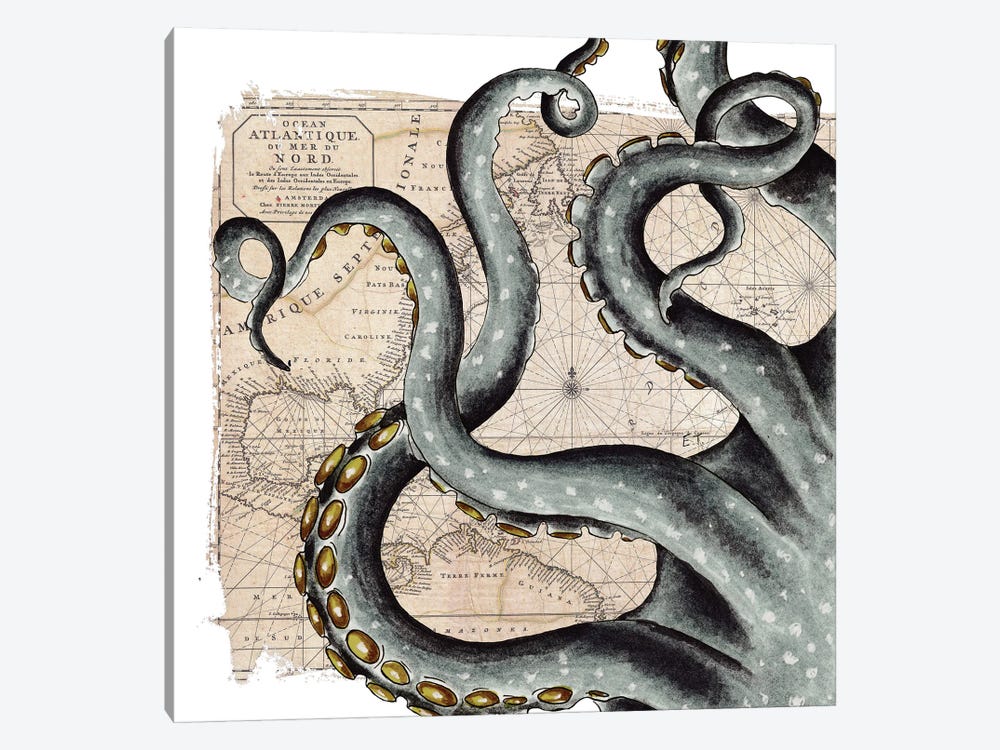 Grey Tentacles Vintage Map Nautical by Seven Sirens Studios 1-piece Canvas Print