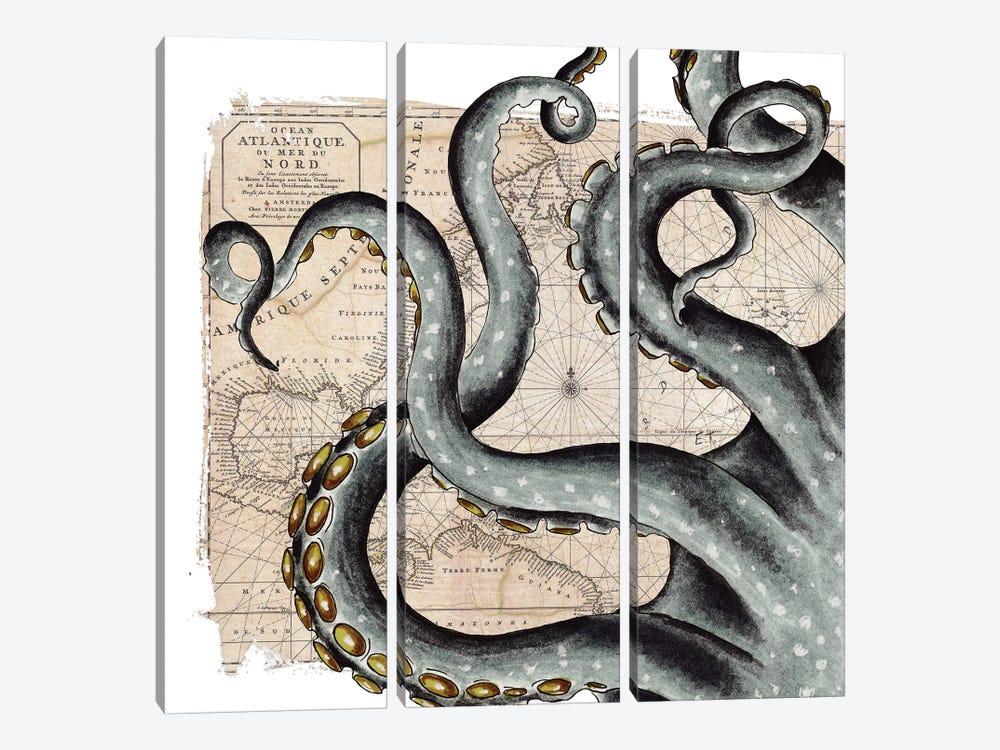 Grey Tentacles Vintage Map Nautical by Seven Sirens Studios 3-piece Canvas Print