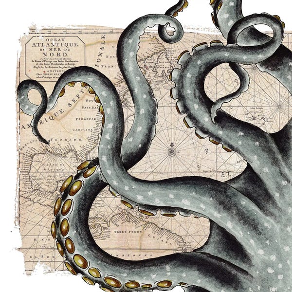 Seven Sirens Studios: Grey Tentacles Vintage Map Nautical by Seven Sirens Studios