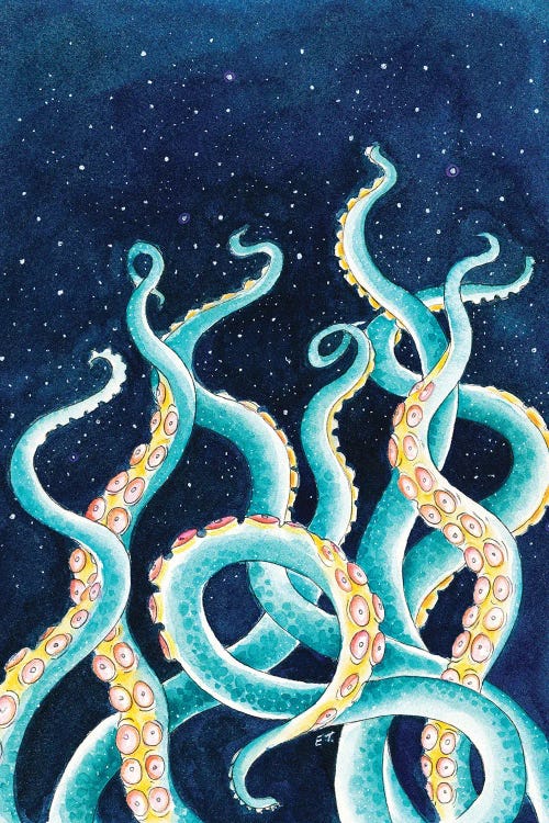 Tentacles Octopus Starry Night Sky Watercolor