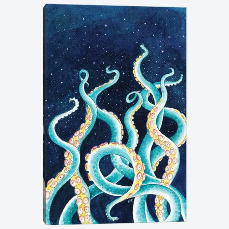 Tentacles Octopus Starry Night Sky Watercolor Canvas Print #SSI127} by Seven Sirens Studios Canvas Artwork