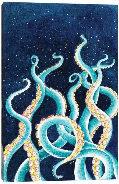 Tentacles Octopus Starry Night Sky Watercolor Canvas Art Print - Seven Sirens Studios