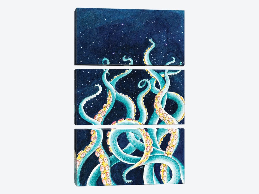 Tentacles Octopus Starry Night Sky Watercolor by Seven Sirens Studios 3-piece Canvas Art