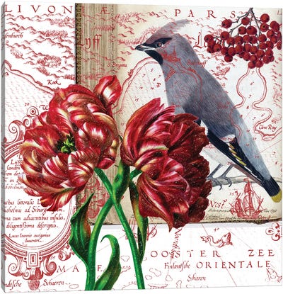Tulips And The Bird Bohemian Vintage Canvas Art Print - Seven Sirens Studios