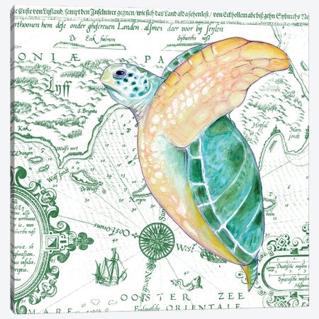 Green Sea Turtle Vintage Map White Canvas Print #SSI132} by Seven Sirens Studios Canvas Artwork
