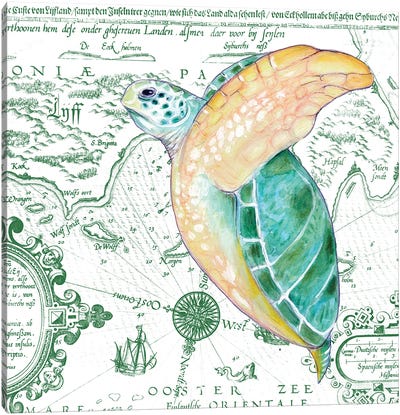 Green Sea Turtle Vintage Map White Canvas Art Print