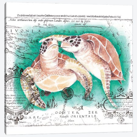 Sea Turtles Love Vintage Map Teal Canvas Print #SSI133} by Seven Sirens Studios Canvas Wall Art