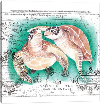 Sea Turtles Love Vintage Map Teal Canvas Art Print - Nautical Maps