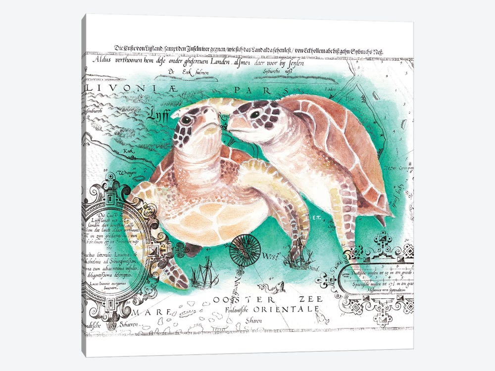 Sea Turtles Love Vintage Map Teal by Seven Sirens Studios 1-piece Art Print