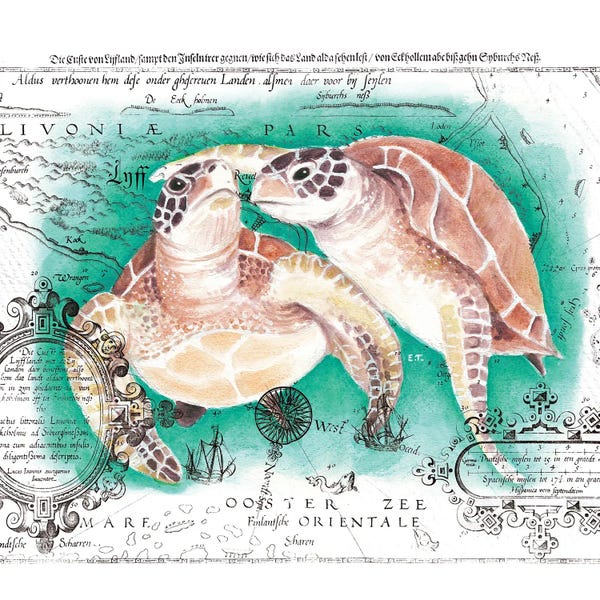Seven Sirens Studios: Sea Turtles Love Vintage Map Teal by Seven Sirens Studios