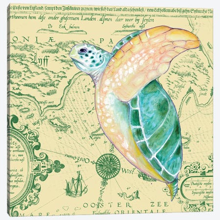 Green Sea Turtle Vintage Map Yellow Canvas Print #SSI134} by Seven Sirens Studios Canvas Art Print