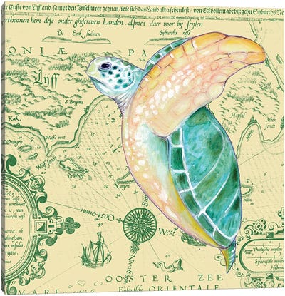 Green Sea Turtle Vintage Map Yellow Canvas Art Print - Cottagecore Goes Coastal