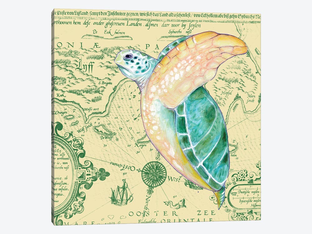 Green Sea Turtle Vintage Map Yellow by Seven Sirens Studios 1-piece Canvas Artwork