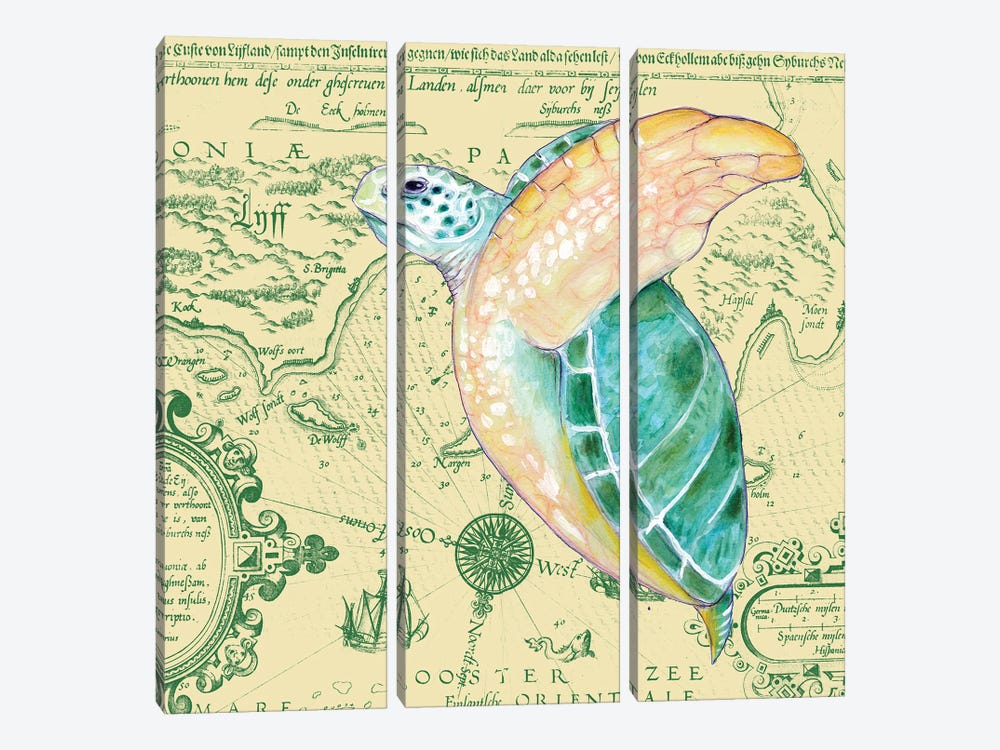Green Sea Turtle Vintage Map Yellow by Seven Sirens Studios 3-piece Canvas Artwork