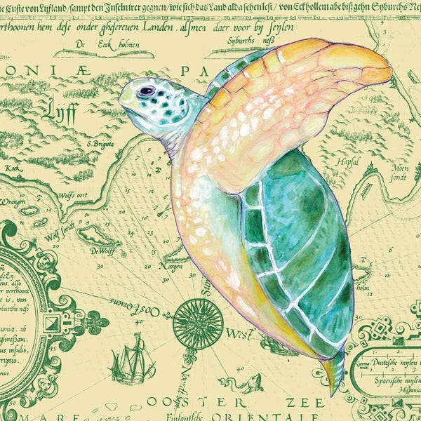 Cottagecore Goes Coastal: Green Sea Turtle Vintage Map Yellow by Seven Sirens Studios