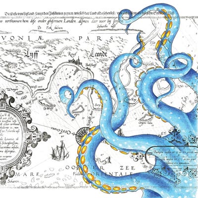 Tentacles Octopus Blue Watercolor Nautical Map by Seven Sirens Studios gallery poster