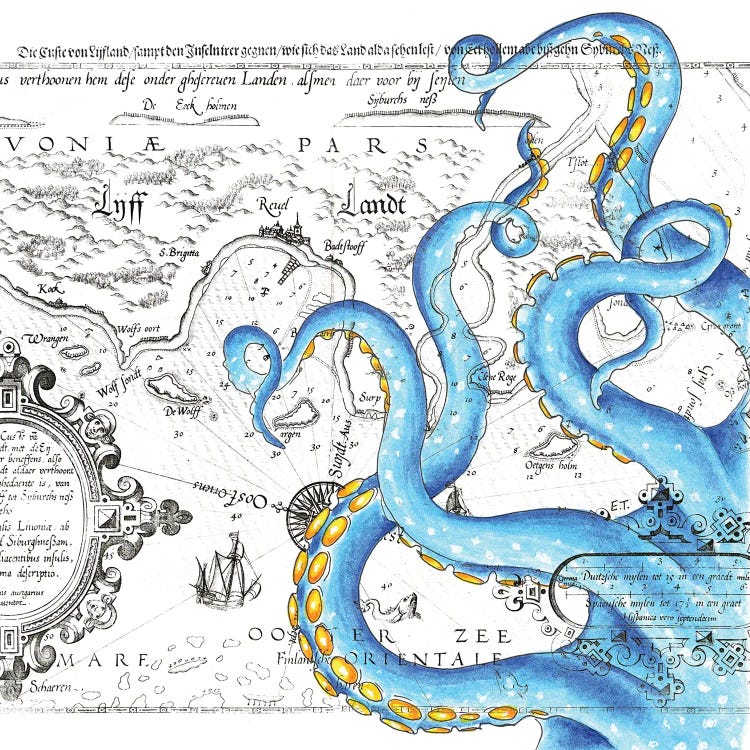 Tentacles Octopus Blue Watercolor Nautical Map by Seven Sirens Studios wall art