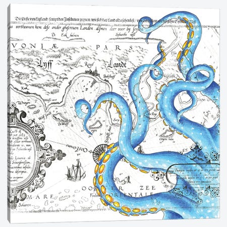 Tentacles Octopus Blue Watercolor Nautical Map Canvas Print #SSI136} by Seven Sirens Studios Canvas Print