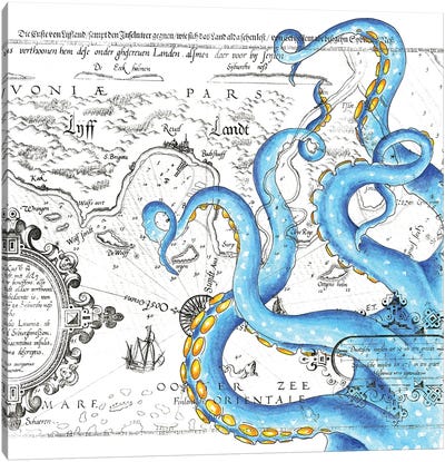 Tentacles Octopus Blue Watercolor Nautical Map Canvas Art Print - Vintage Maps