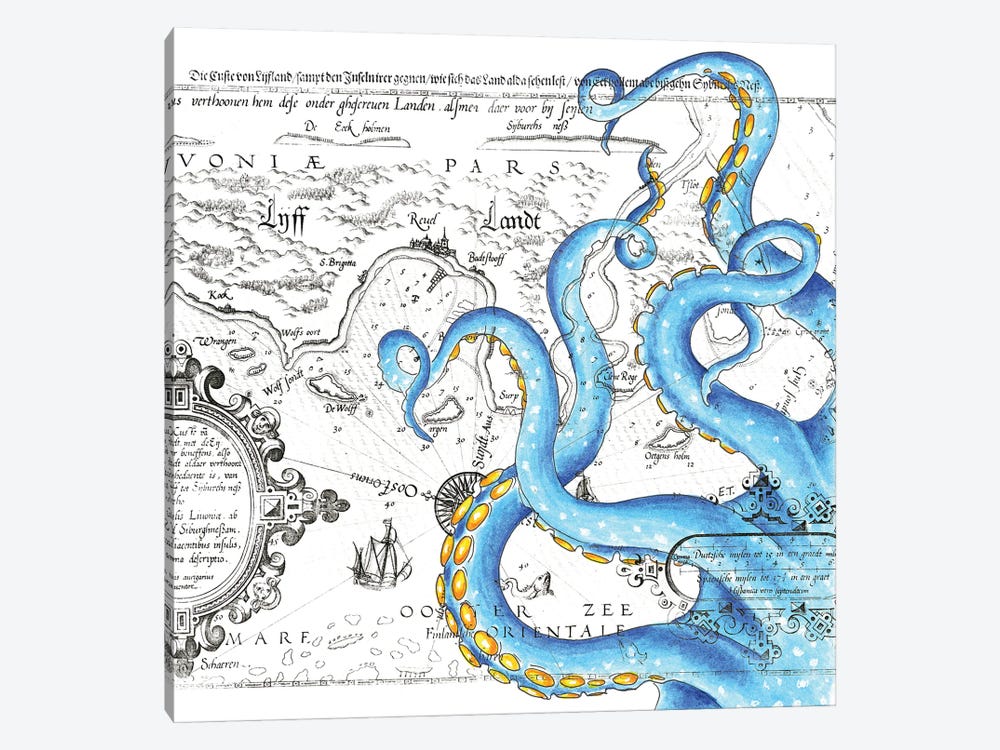 Tentacles Octopus Blue Watercolor Nautical Map by Seven Sirens Studios 1-piece Canvas Art